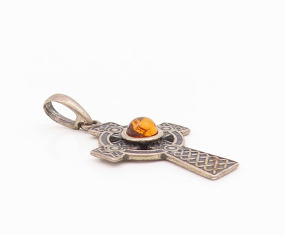 925 Sterling Silver Vintage Pendant Cabochon Amber Religious Cross  PT24260