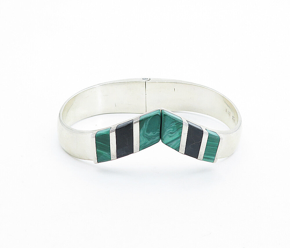 MEXICO 925 Silver  Vintage Black Onyx & Malachite Bangle Bracelet  BT2521