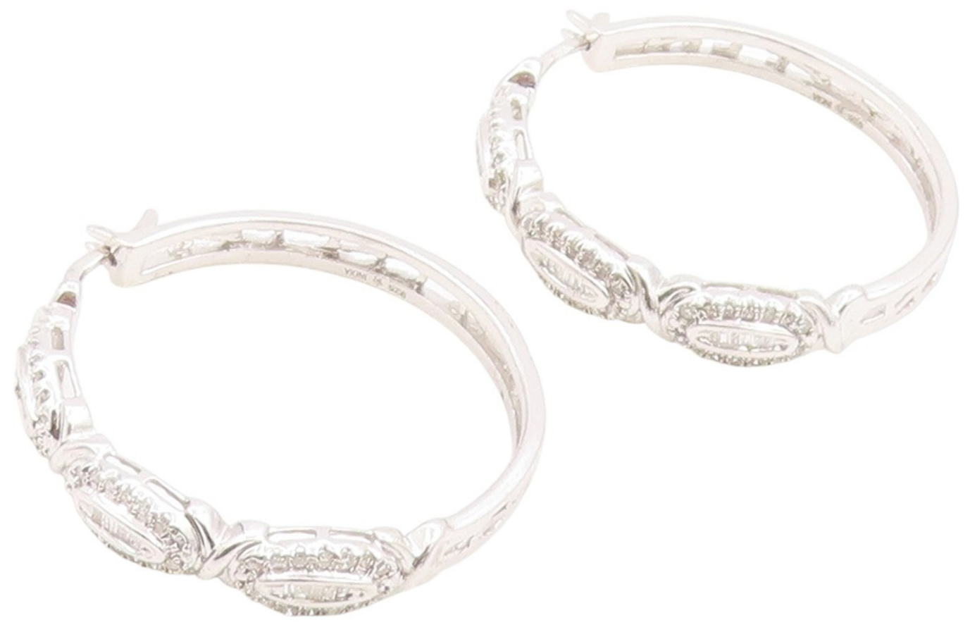 925 Sterling Silver Vintage Earrings Real 1/2ct Diamonds Elegant Hoops  EG14019