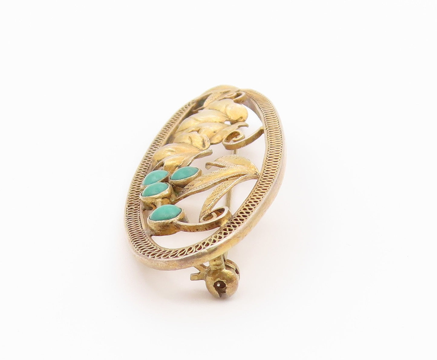 925 Sterling Silver  Vintage Petite Turquoise Floral Leaf Brooch Pin  BP8677