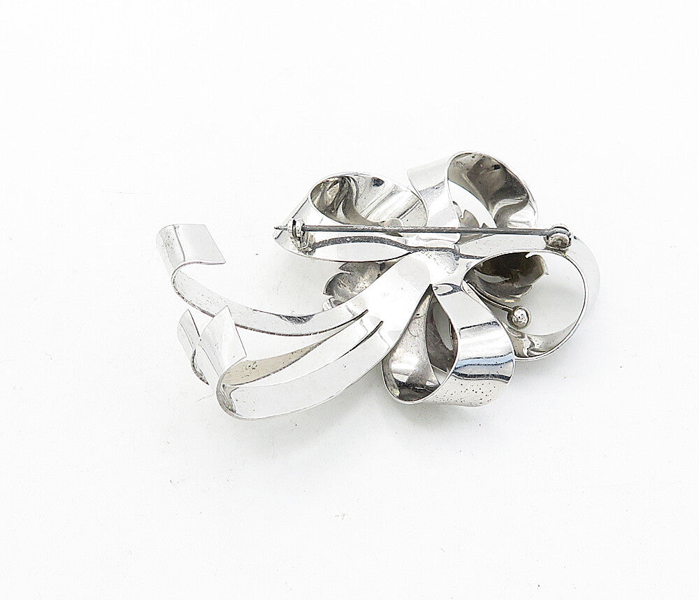 925 Sterling Silver  Vintage Polished Floral Tied Ribbon Brooch Pin  BP1447