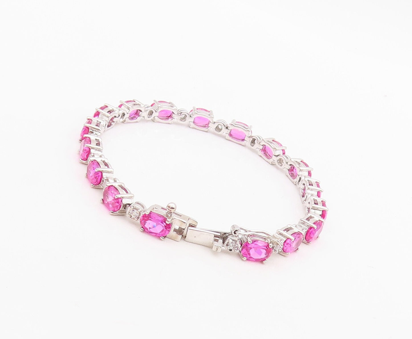 925 Sterling Silver Vintage Bracelet Minimalist Oval Pink White CZ Band  BT10867