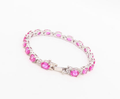 925 Sterling Silver Vintage Bracelet Minimalist Oval Pink White CZ Band  BT10867