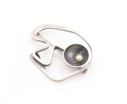 925 Sterling Silver Vintage Brooch Pearl Dark Tone Brutalist Design Cut  BP11512