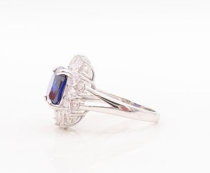 925 Sterling Silver Vintage Ring Square Cut Blue Halo White CZ  Sz 7  RG29546