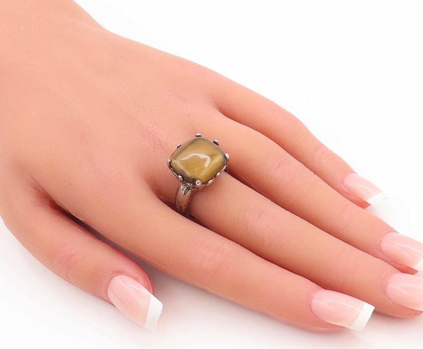 925 Sterling Silver Vintage Ring Cabochon Square Shape Tigers Eye  Sz 8  RG28926