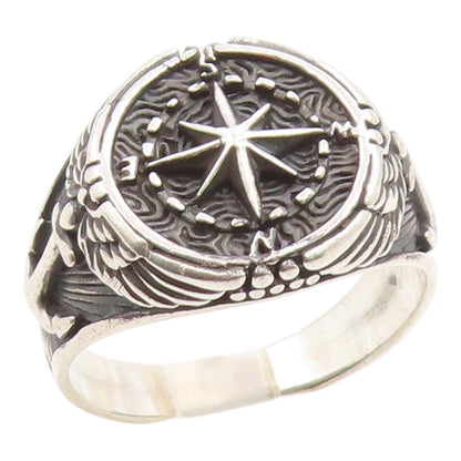 925 Sterling Silver Vintage Ring Nautical Compass & Anchor Band  Sz 13  RG36026