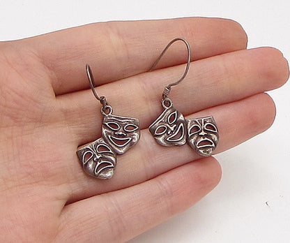925 Sterling Silver  Vintage Happy & Sad Face Mask Dangle Earrings  EG1932