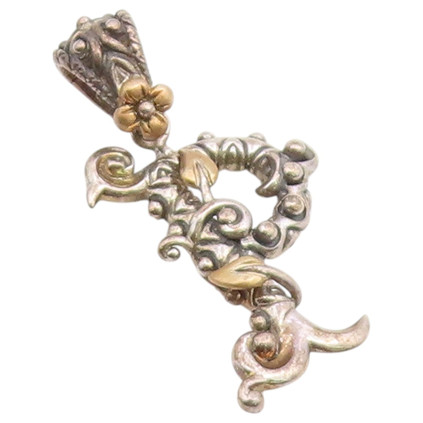 18K Gold & 925 Sterling Silver Vintage Pendant BIXBY Letter P Vine Leaf  PT26509
