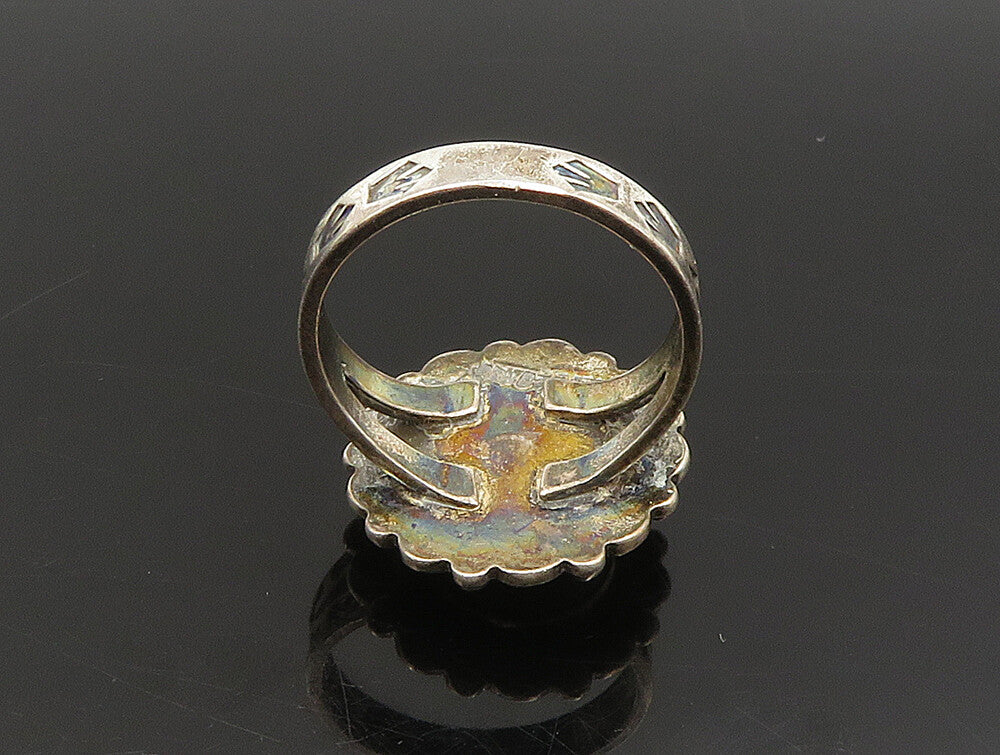 925 Silver Vintage Turquoise Floral Etched Ring Sz 5.5 RG24294