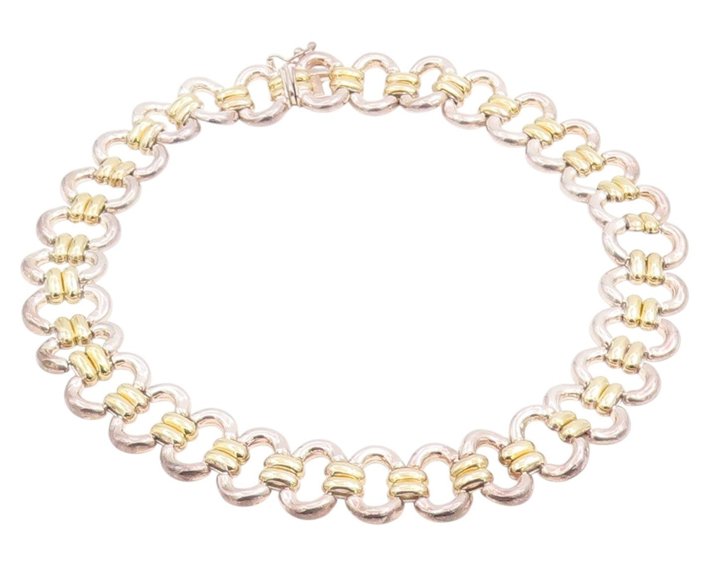 925 Sterling Silver Vintage Necklace Two Tone Modernist Oval Link Choker  NE4781