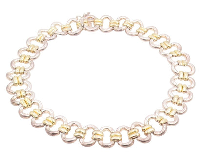 925 Sterling Silver Vintage Necklace Two Tone Modernist Oval Link Choker  NE4781