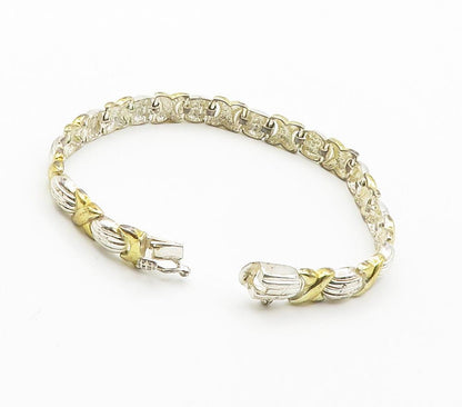 925 Sterling Silver  Vintage Two Tone XO Hugs & Kisses Chain Bracelet  BT6050