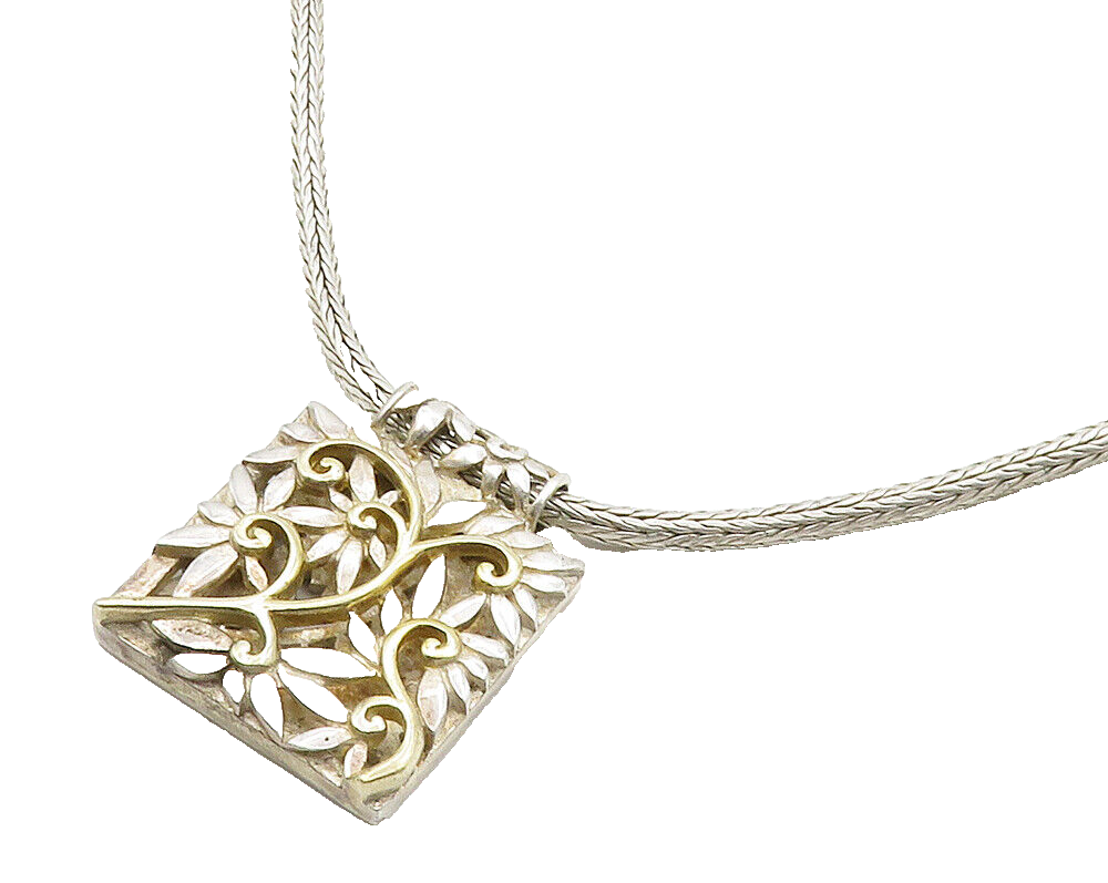 925 Sterling Silver  Vintage 2 Tone Floral Swirl Wheat Chain Necklace  NE2593