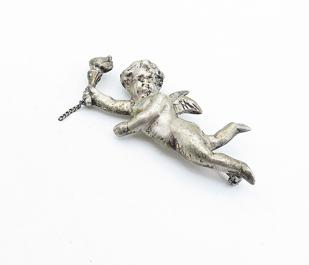 925 Sterling Silver  Vintage Antique Oxidized Baby Angel Brooch Pin  BP2261