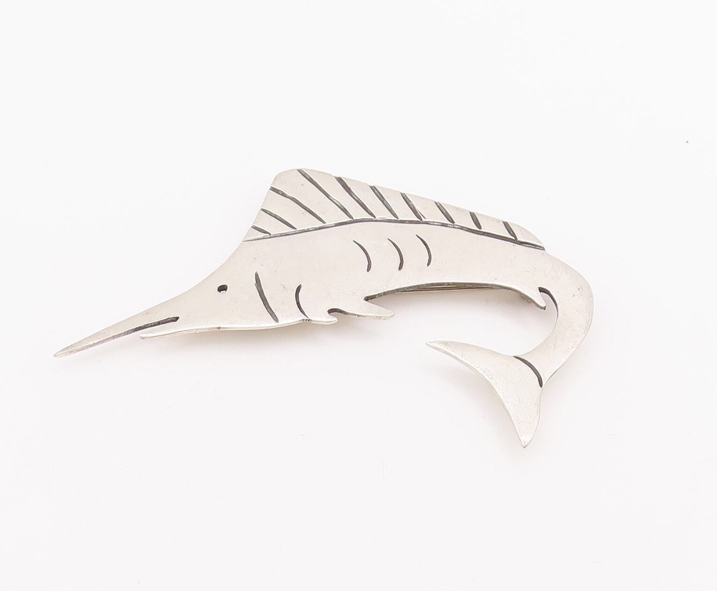 925 Sterling Silver Vintage Brooch Pin MEXICO Solid Etched Swordfish  BP10957