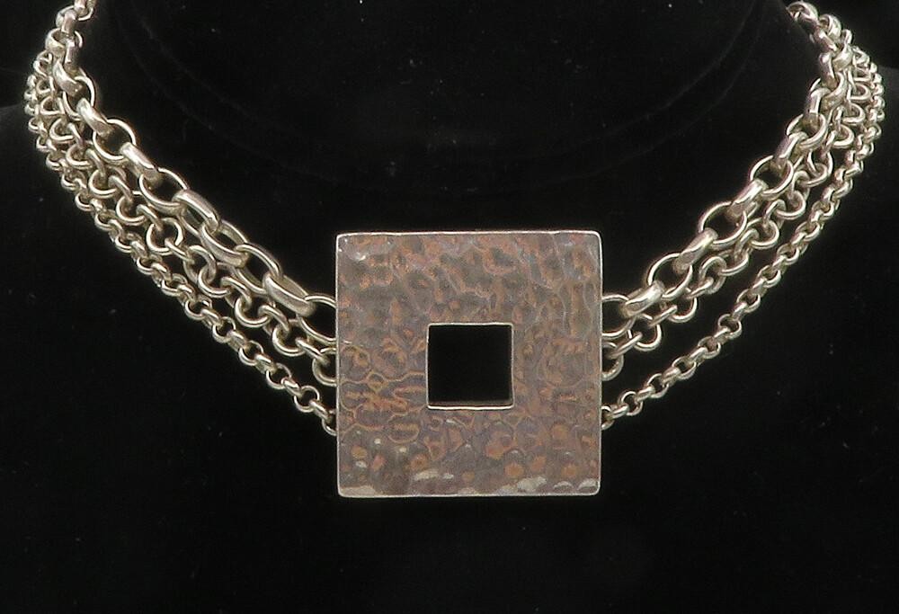 925 Sterling Silver  Vintage Hammered Open Square Chain Necklace  NE2081