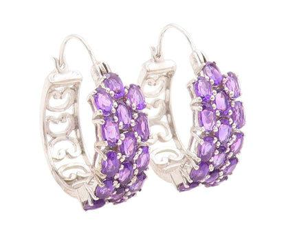 925 Sterling Silver Vintage Earrings Oval Amethyst Inlay Carved Hoops  EG13401