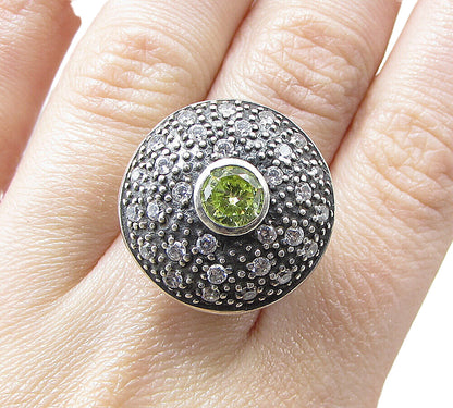 925 Silver  Peridot Cubic Zirconia & Marcasite Round Shield Ring Sz 7  RG1940