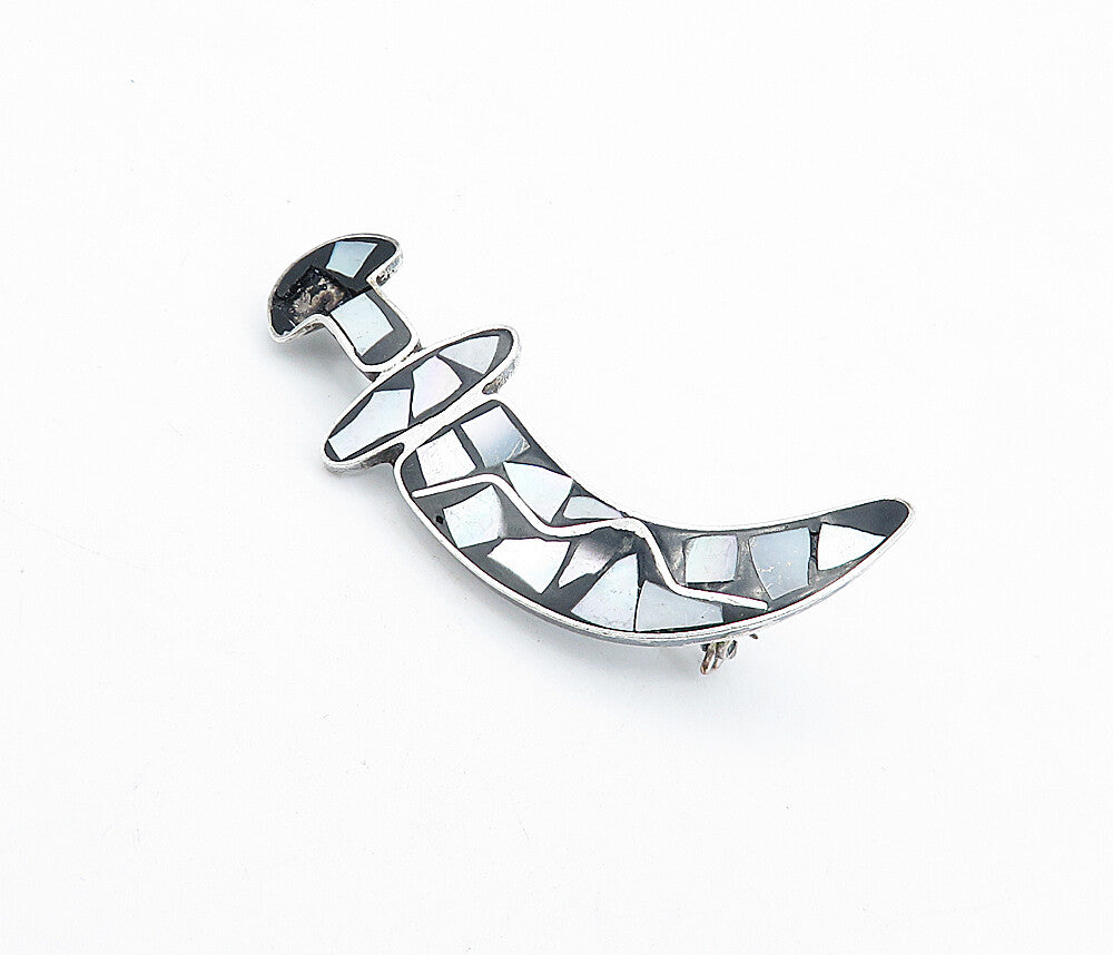 925 Sterling Silver  Vintage Mother Of Pearl Mosaic Dagger Brooch Pin  BP1648