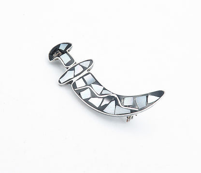 925 Sterling Silver  Vintage Mother Of Pearl Mosaic Dagger Brooch Pin  BP1648