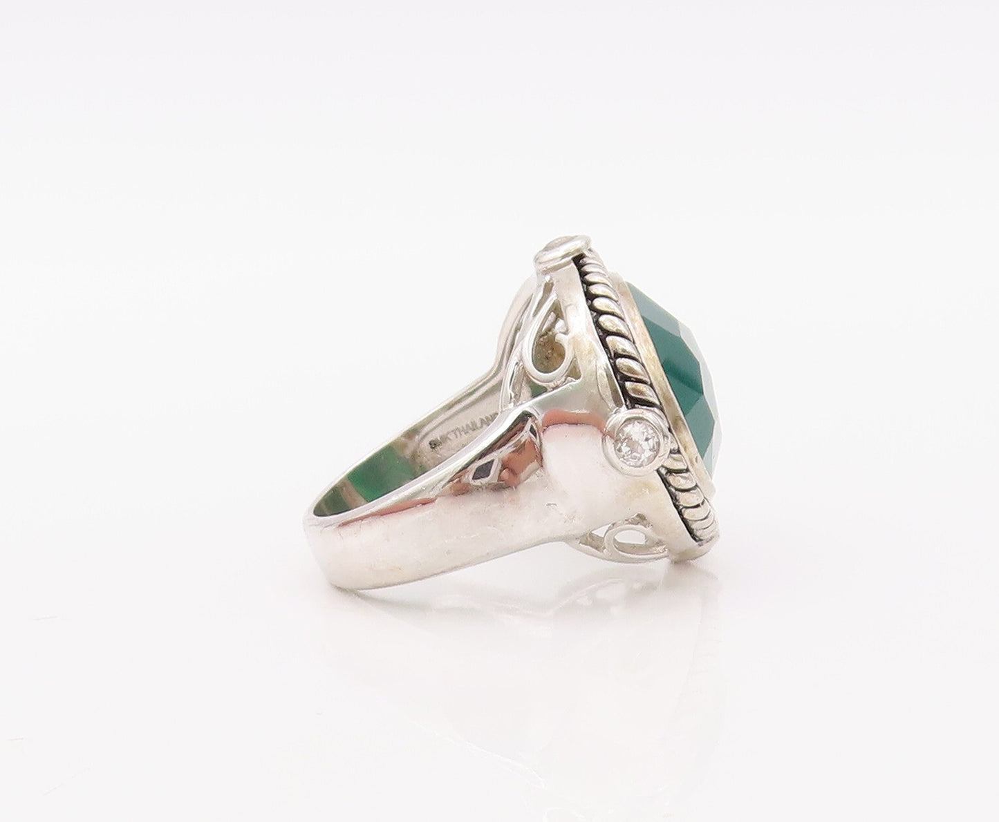 925 Sterling Silver Vintage Ring Twisted Rope Oval Green Onyx & CZ Sz 7  RG30304