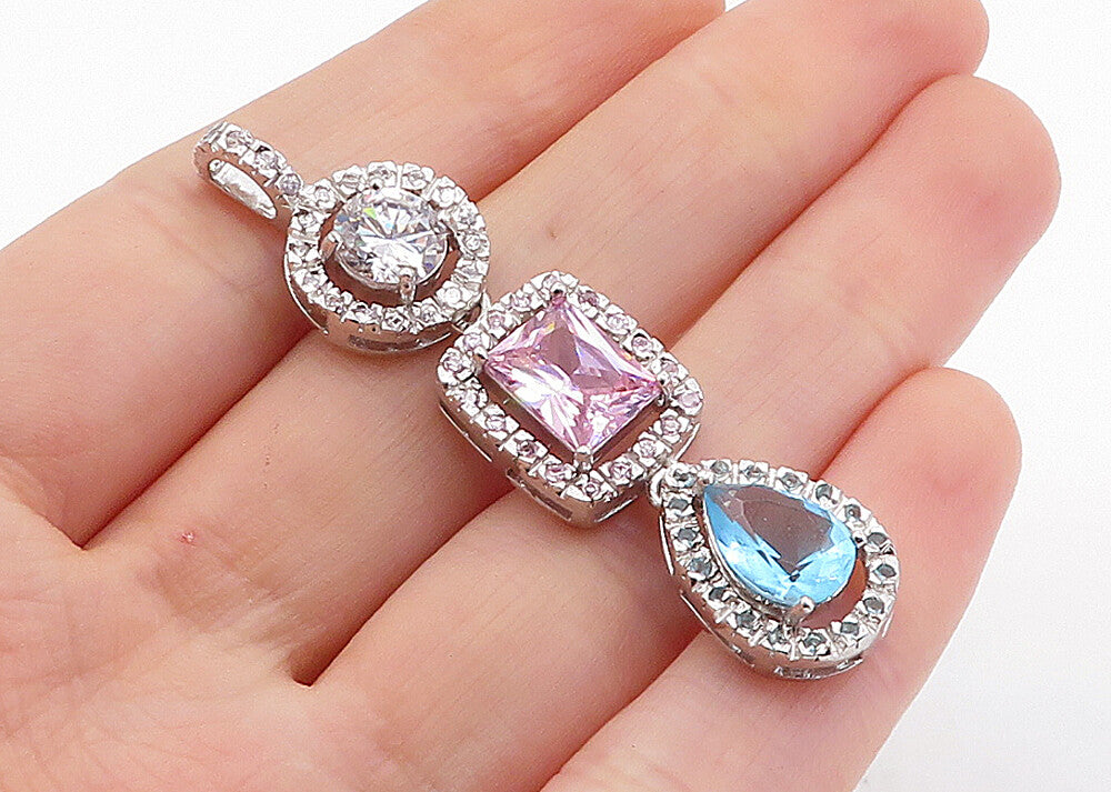 925 Sterling Silver  Sparkling Cubic Zirconia & Topaz Linked Pendant  PT4322
