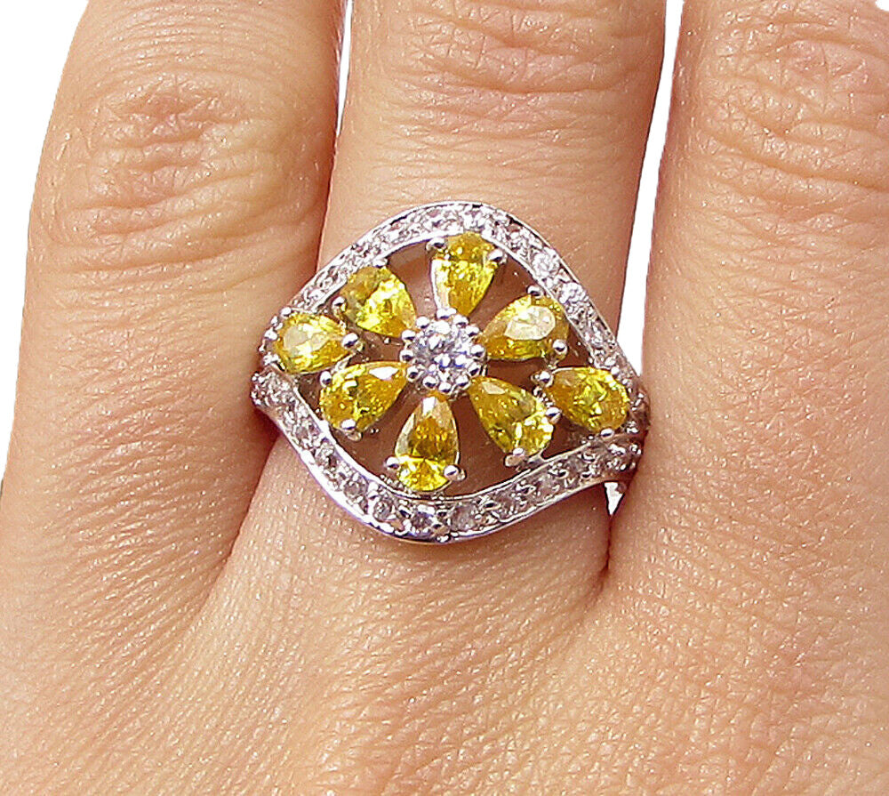 925 Silver  Yellow Topaz & White Cubic Zirconia Floral  Band Ring Sz 7  RG3420
