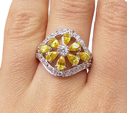 925 Silver  Yellow Topaz & White Cubic Zirconia Floral  Band Ring Sz 7  RG3420