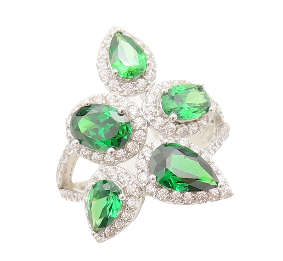 925 Sterling Silver Vintage Ring Drop Oval Cut Green Halo White CZ  Sz 7 RG29350