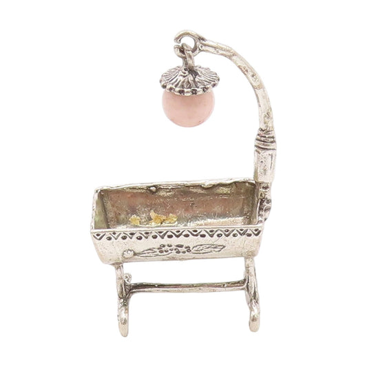 925 Sterling Silver Vintage Decorative Piece Etched Baby Cradle With Lamp TR4019
