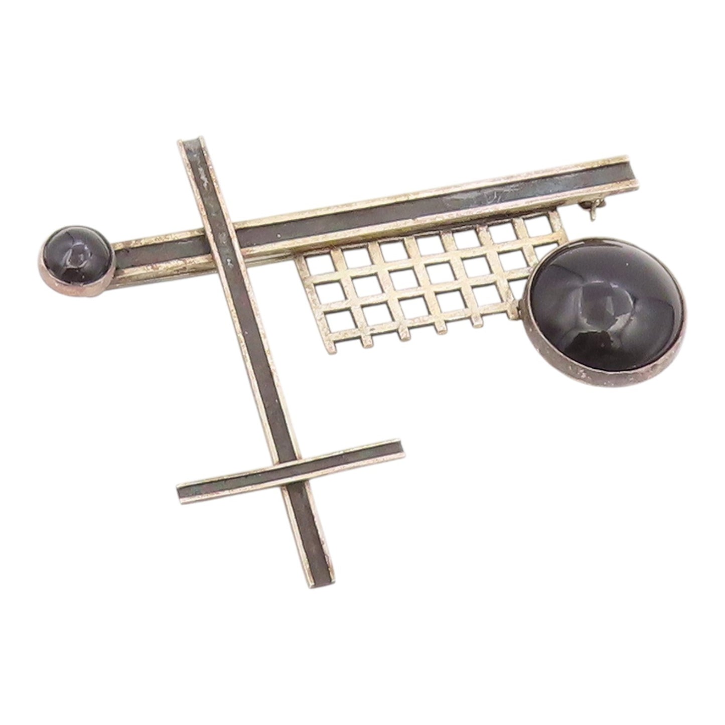 925 Sterling Silver Vintage Brooch Pin Classic Onyx Geometric Sculpture  BP12598