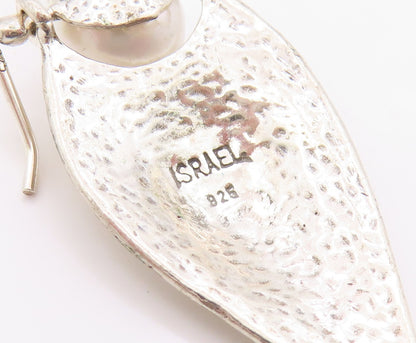 925 Sterling Silver Vintage Earrings ISRAEL Pearl Hammered Teardrop Hook EG14382