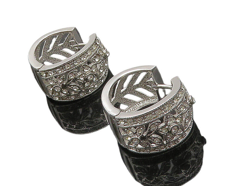 925 Sterling Silver   Shiny Topaz Floral Motif Cutout Hoop Earrings  EG8934
