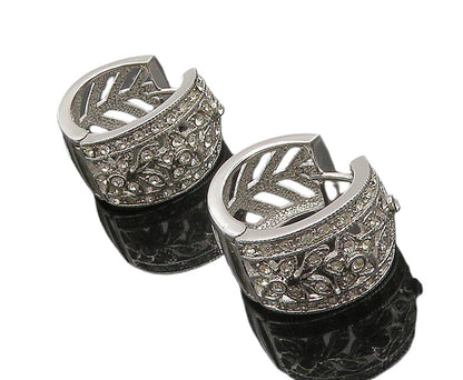 925 Sterling Silver   Shiny Topaz Floral Motif Cutout Hoop Earrings  EG8934