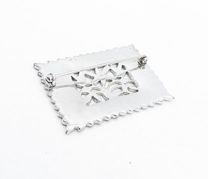 925 Sterling Silver  Vintage Sparkling Bordered Floral Brooch Pin  BP1421