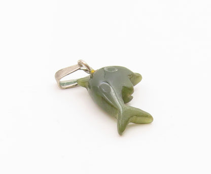 925 Sterling Silver  Vintage Dolphin Shaped Jade Petite Pendant  PT18135