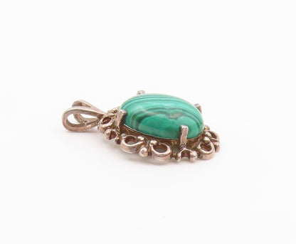 925 Sterling Silver  Vintage Smooth Cabochon Cut Green Agate Pendant  PT20036