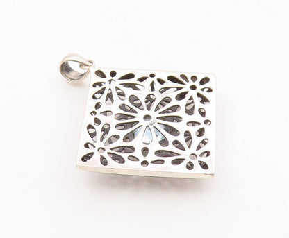 925 Silver  Vintage Floral Openwork Inlaid Blue Topaz Drop Pendant  PT21518