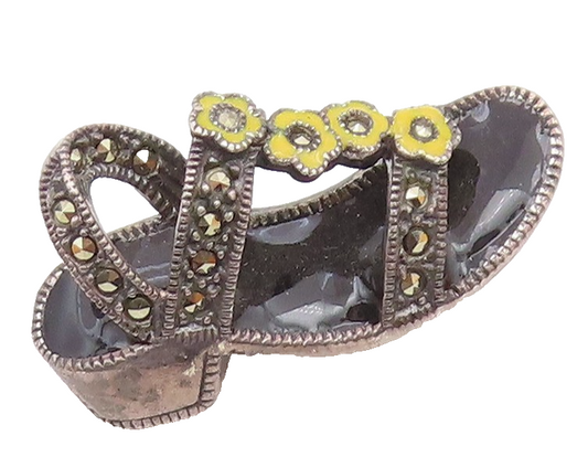 JUDITH JACK 925 Silver  Vintage Marcasite & Enamel Sandal Brooch Pin  BP8937