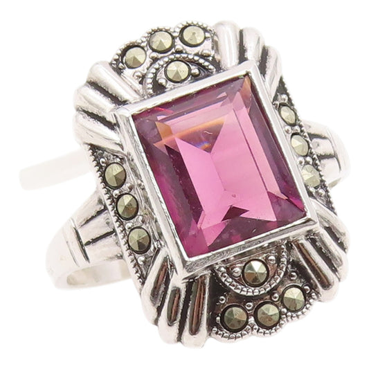 925 Sterling Silver Vintage Ring Elegant Amethyst & Marcasite Band Sz 11 RG35552