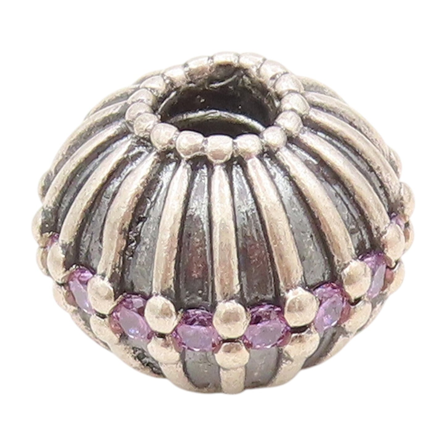 925 Sterling Silver Vintage Pendant PANDORA Amethyst Inlay Grooved Bead  PT24188