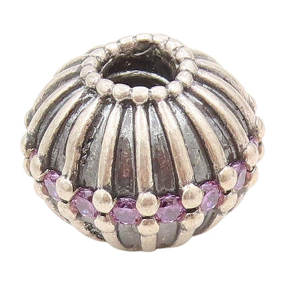 925 Sterling Silver Vintage Pendant PANDORA Amethyst Inlay Grooved Bead  PT24188
