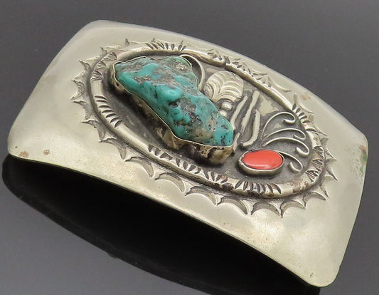 ZUNI NAVAJO 925 Silver  Vintage Large Carved Turquoise Belt Buckle  TR3537