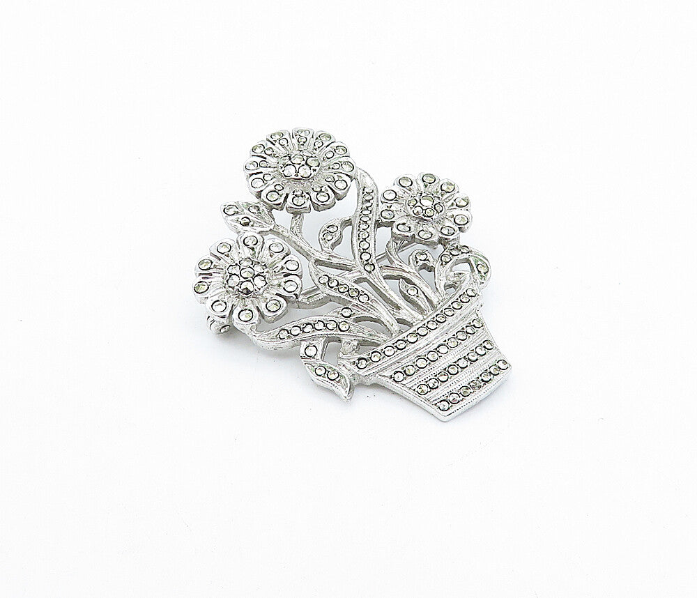 925 Sterling Silver  Vintage Sparkling Flower Pot Motif Brooch Pin  BP1106