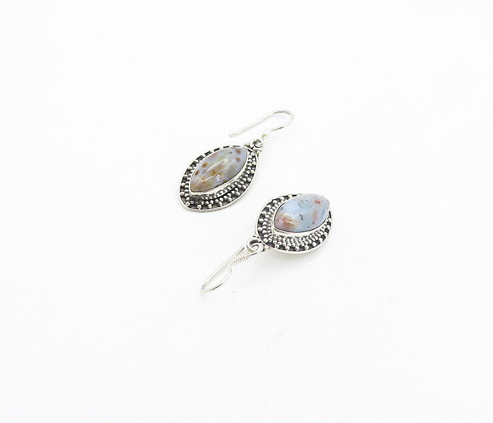 925 Sterling Silver  Vintage Cabochon Cut Spotted Agate Drop Earrings  EG3478