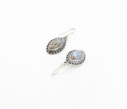 925 Sterling Silver  Vintage Cabochon Cut Spotted Agate Drop Earrings  EG3478