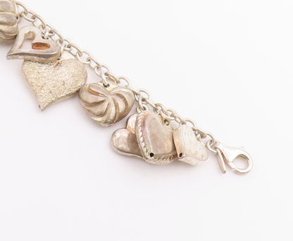 925 Sterling Silver Vintage Bracelet Multi Pattern Puffy Love Heart Link BT12207