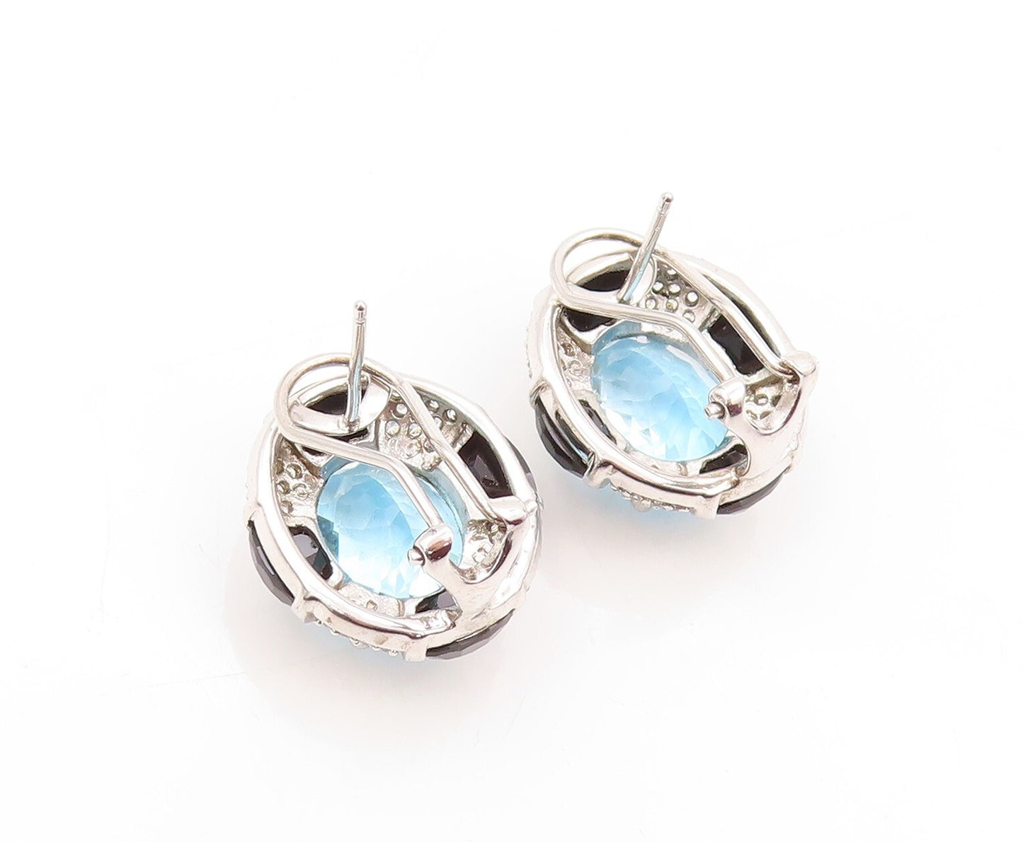 925 Sterling Silver Vintage Earrings Oval Blue Topaz Halo Sapphire & CZ  EG13346