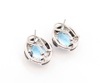 925 Sterling Silver Vintage Earrings Oval Blue Topaz Halo Sapphire & CZ  EG13346